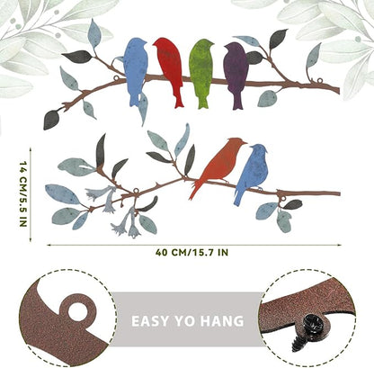 Demissle 2 Pcs Metal Birds Wall Art Decor Vivid Birds on Branch with Leaves Rustic Wall Decor Waterproof Metal Sculpture Hanging Sign for Home Balcony Garden Indoor Outdoor(Bright Colors)