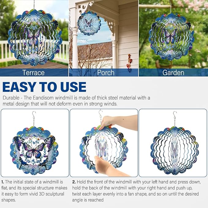 3D Butterfly Wind Spinners, 12 inch Stainless Steel Gradient Color Wind-Spinner, Outdoor Hanging Wind Sculpture for Garden Decor, Butterfly Gift for Women Girl Mother Wife Grandma(12inch)