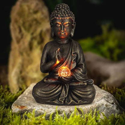 nawaza Buddha Statue Garden 9″ Solar Resin for Home Decor Yard Garden Patio Lawn Ornaments, Prayer Spiritual Living Figurine, Decor Outdoor Buddha Figurine Premium Bronze