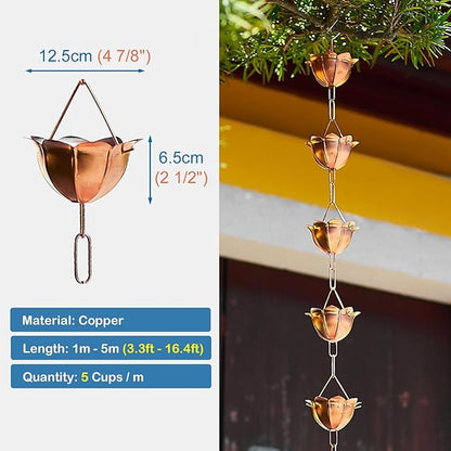 Elegant Copper Rain Chain Large Cup, Replacement Downspout for Gutters, Outside Rainwater Catcher Diverter for Villa/Deck/Pergola (Style B 5m (16.4ft))