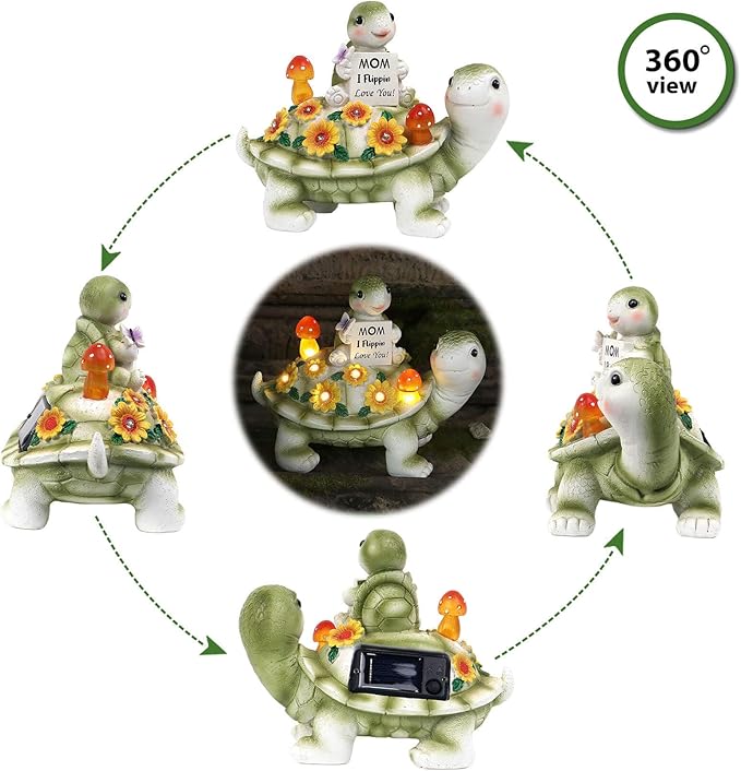 Solar Turtle Garden Statue 7.5 inches, I Flippin Love You Tortoise Figurine with 7 LED Lights, Outdoor Lawn Decor for Patio, Yard, Balcony, Birthday for Mom, Grandma, Women