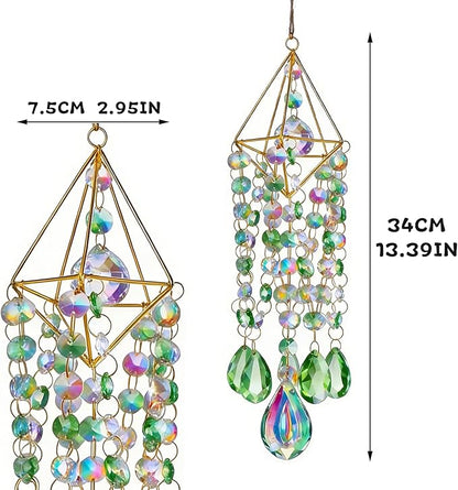 Green & Iridescent Crystal Suncatcher Prism, Handmade Gold-Plated Frame with K9 Crystal Beads, Window Hanging Decor for Home, Garden, Wedding