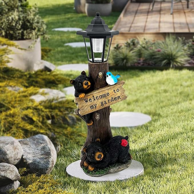 19 Inches Bear Statue Welcome Sign Garden Statue with Solar Lights, Resin Bear Family on The Tree, Outdoor Bear Décor for Yard, Garden, Lawn, Patio, Black and Brown Animal Statue