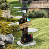 19 Inches Bear Statue Welcome Sign Garden Statue with Solar Lights, Resin Bear Family on The Tree, Outdoor Bear Décor for Yard, Garden, Lawn, Patio, Black and Brown Animal Statue