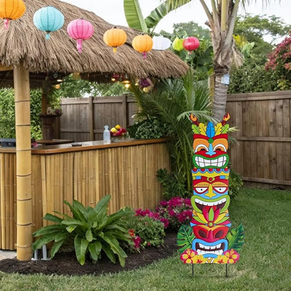 hogardeck Luau Party Decorations, Metal 3 Stacked Tiki Decorative Garden Stakes for Luau Outdoor, Hawaiian Party Decorations Tiki Yard Signs for Tropical Outdoor Garden Lawn