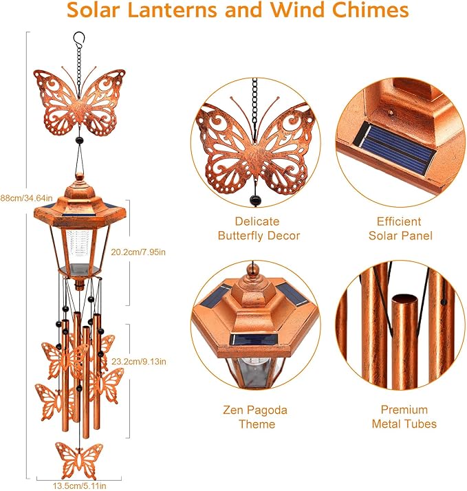 Butterfly Solar Wind Chimes for Outside, Birthday Gifts for Mom Women Grandma Mother's Day Memorial, 34-Inch Windchimes with Wind Spinner, Outdoor Hanging Solar Lights Waterproof Yard Garden Decor