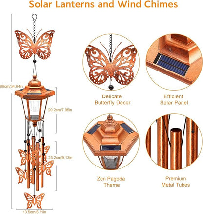 Butterfly Solar Wind Chimes for Outside, Birthday Gifts for Mom Women Grandma Mother's Day Memorial, 34-Inch Windchimes with Wind Spinner, Outdoor Hanging Solar Lights Waterproof Yard Garden Decor