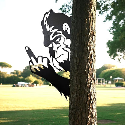 Flipping Off Bigfoot Peeking Animal Metal Sign Funny Middle Finger Yard Art Decor for Tree, Fence, or Corner Outdoor Farmhouse Garden Ornament for Home or Cabin Decoration (#D, 15IN)