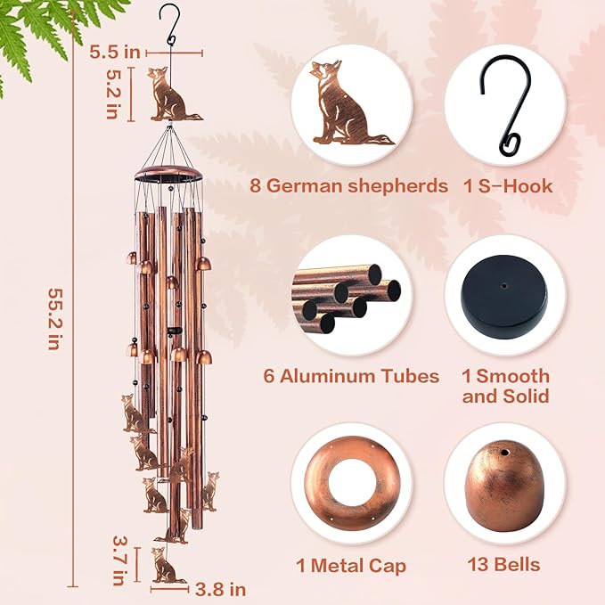 Extra Large 55 inch German Shepherd Dog Wind Chimes for Outside,Dog Gifts for Women Men/Memorial Gifts/Birthday Gift Metal windchimes Outdoors/Indoors,Garden Decor,Patio,Home,Porch,Yard Decorations