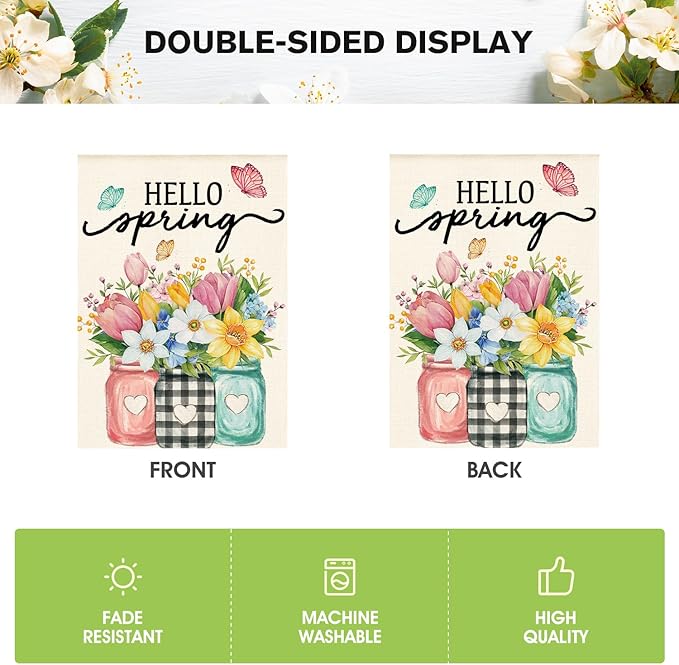 AVOIN colorlife Hello Spring House Flag 28x40 Inch Double Sided Outside, Floral Mason Jar Holiday Yard Outdoor Flag