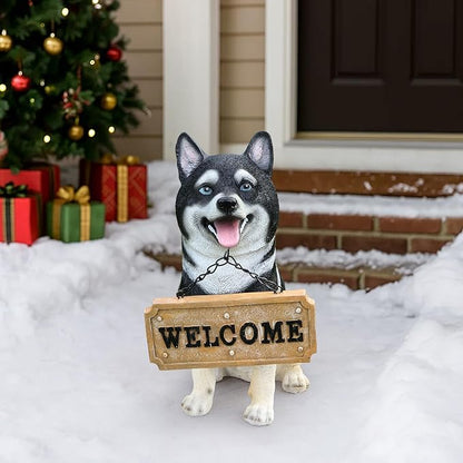 Outdoor Akita Inu Dog Statue with Interchangeable Welcome Sign and Detachable Solar Lantern –LED Light Garden Dog Sculpture Décor, Cute Puppy Design for Yard, Porch, Gift