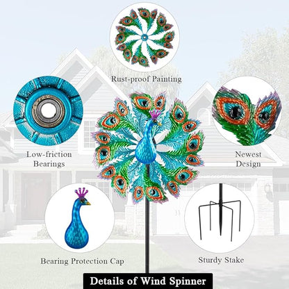 Wind Spinners Outdoor Peacock, 63 Inch Double-Sided Garden Windmill for Yard with 8 Blue Feather Blades, Large Metal Garden Wind Spinner
