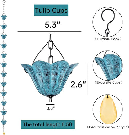 Rain Chains for Gutters Outside 8.5FT Rain Catcher Chain with 12 Blue Tulip Cups Decorative Replacement for Downspout