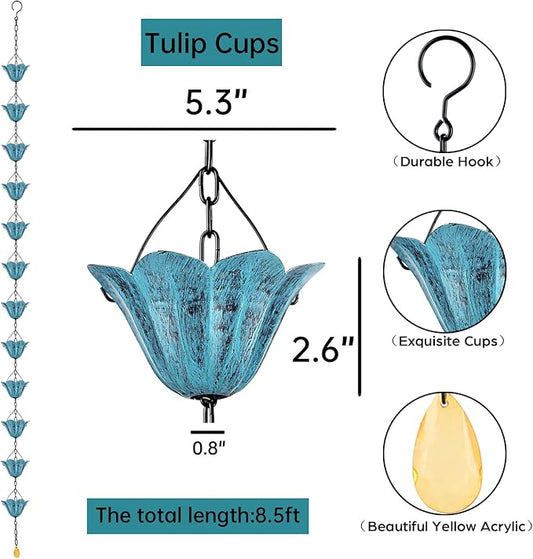 Rain Chains for Gutters Outside 8.5FT Rain Catcher Chain with 12 Blue Tulip Cups Decorative Replacement for Downspout