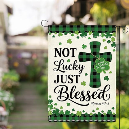 St Patricks Day Irish Blessed Garden Flag Christian Cross Lucky Shamrock Irish March Garden Flag Happy St Patricks Day Double Sided Outdoor House Flag for Outside Yard Decorations 12×18 Inch