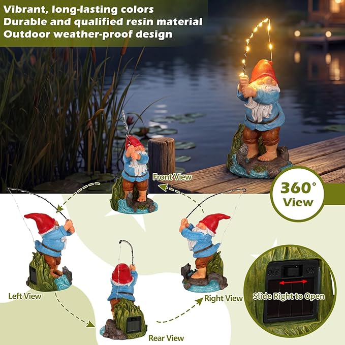 EXYGLO Solar Gnome Garden Decor Statue, 8.5" Fishing Gnome Outdoor Funny Decoration for Lawn, Patio, Yard, and Unique Housewarming, Birthday Ornament Gift for Mother, Friend, Family