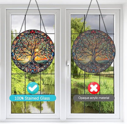 Tree of Life Suncatcher Stained Glass Window Hanging - 8″ Handmade Sun Catchers Indoor Window Catcher Suncatchers for Windows Garden -Wall Art Home Decor Panel Mothers Day Birthday Gift for Mom Women