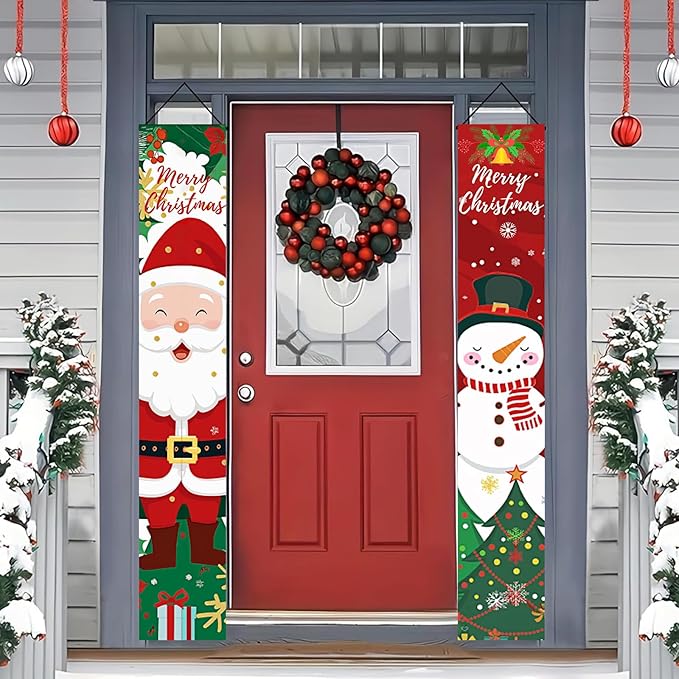BlissYard Christmas Porch Banner Set 78×12 Inch Santa and Snowman Door Banner Xmas Hanging Sign Outdoor Christmas Decorations Xmas Front Door Welcome Banner Winter Yard Wall Decor for Home Garden Party Supplies