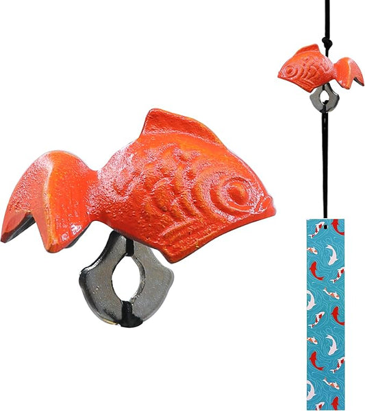 Japanese Wind Chime Cast-Iron Outdoor Ornament for Garden, Patio & Balcony, Hanging Metal Wind-Bell Decoration Gift, Blessing Pendant Windchimes & PVC Wind-Catcher, Goldfish - Red