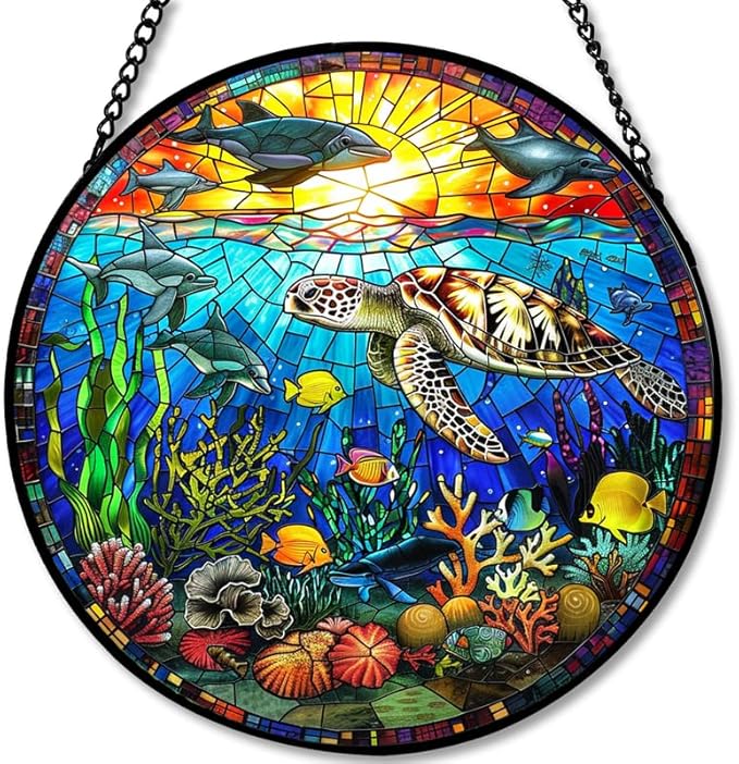 Stained Glass Window Hanging - Rainbow Colored Dragonfly in Floral Frame 6.3in Sun Catchers Indoor Stained Glass Panels Wall Decor for Mom Wife Lovers Festive