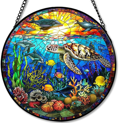 Stained Glass Window Hanging - Rainbow Colored Dragonfly in Floral Frame 9.8in Sun Catchers Indoor Stained Glass Panels Wall Decor for Mom Wife Lovers Festive