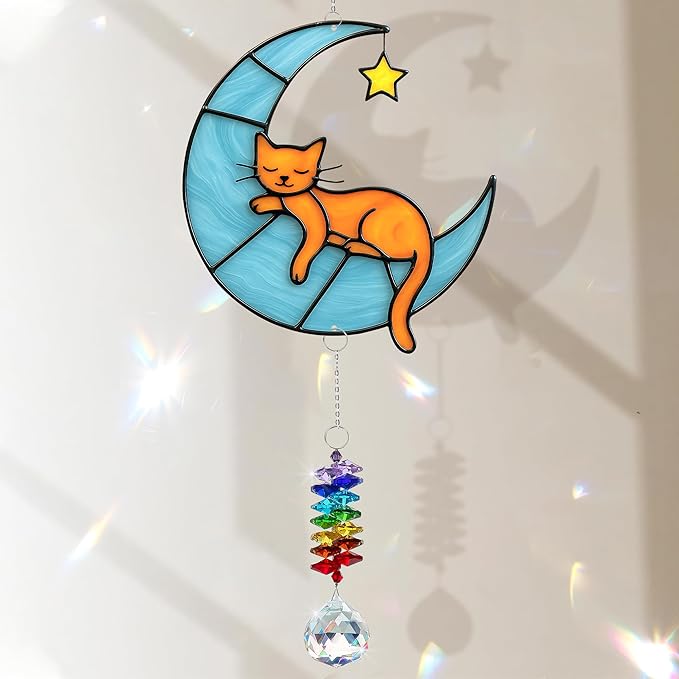 Orange Cat Suncatcher – Cute Orange Cats Hanging on Crescent Moon – Tabby Cat Gifts for Women, Home Window or Garden Decor
