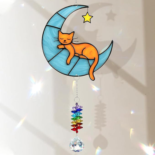 Orange Cat Suncatcher – Cute Orange Cats Hanging on Crescent Moon – Tabby Cat Gifts for Women, Home Window or Garden Decor