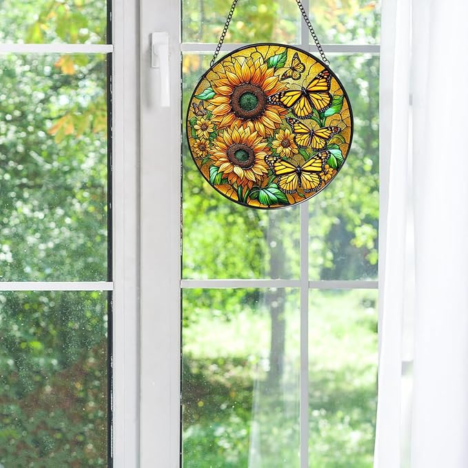 Sunflower Stained Glass Window Hanging,7.87 Inch Sun Catcher Indoor Window Decor with Butterfly,Ornament for Home,Garden,New Home,Christmas,Mother’s Day Outdoor Gift for Mom,Festival Gift
