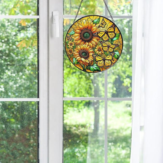 Sunflower Stained Glass Window Hanging,7.87 Inch Sun Catcher Indoor Window Decor with Butterfly,Ornament for Home,Garden,New Home,Christmas,Mother’s Day Outdoor Gift for Mom,Festival Gift
