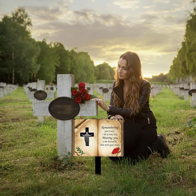 Jesus Bible Grave Marker - Thickened Metal Memorial Stake with Poem - Sturdy Cemetery Decorations, Mother’s Day (Bible)