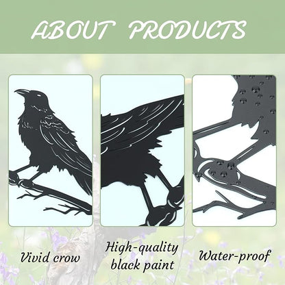 Raven Crow Fence Topper Decor, Metal Garden Birds Black Silhouette Statue, Halloween Witchy Gothic Ornament for Yard Fence, Fake Crow Home Garden Decoration (Vivid)