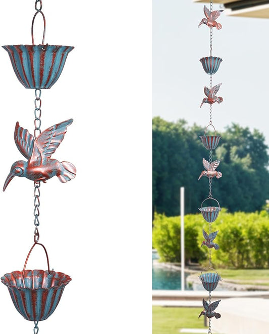8.8Ft Metal Hummingbird Rain Chain for Gutters, 8 Cups 9 Birds Design, Outdoor Downspout Replacement, Tool-Free Installation, Decorative for Patio, Garden, Backyard and Balcony.