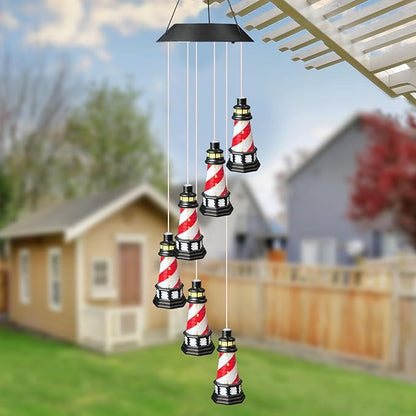 Lighthouse Solar Windchimes Outdoor Lighthouse Decorative Wind Chimes Solar Hanging Lighthouse Outdoor Garden Lighthouse（Red）