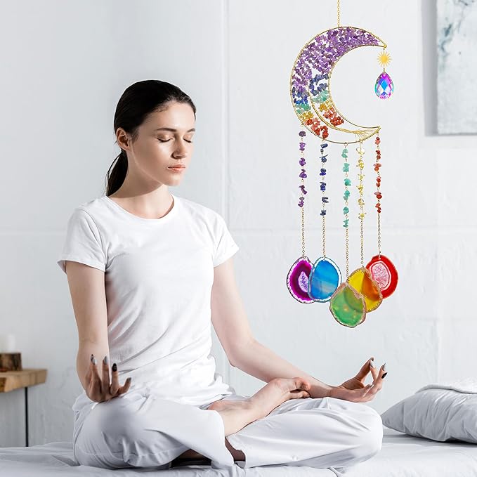 Yoption Moon Tree of Life Agate Slice Wind Chime, Handmade 7 Chakra Healing Crystal Stone Wind Chime for Home Wall Garden Decorative Ornament, Unique Gift