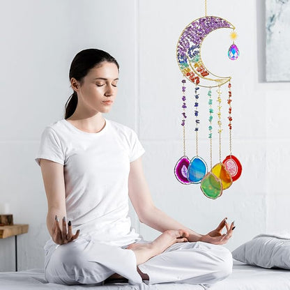 Yoption Moon Tree of Life Agate Slice Wind Chime, Handmade 7 Chakra Healing Crystal Stone Wind Chime for Home Wall Garden Decorative Ornament, Unique Gift
