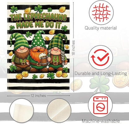 St Patricks Day Gnome Garden Flag The Leprechauns Made Me Do It Shamrock Irish March Black and White Stripes Garden Flag St Patricks Day Double Sided House Flag for Outside Yard Decorations 12×18 Inch