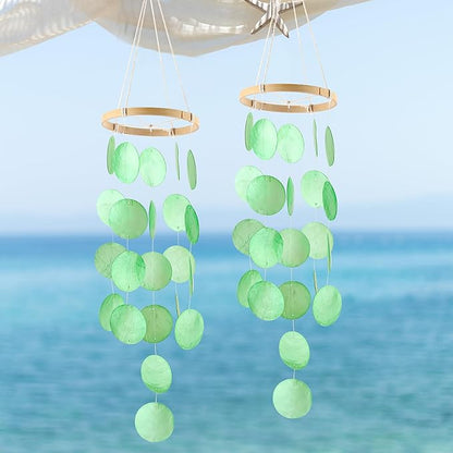 2 Pack Capiz Wind Chimes for Outside, Outdoor Seashell Hanging Beach Coast Ocean Home Decorative, Unique Natural Shell Waterfall Windchimes for Summer Patio, Great Memorial Sympathy Gift（Green）
