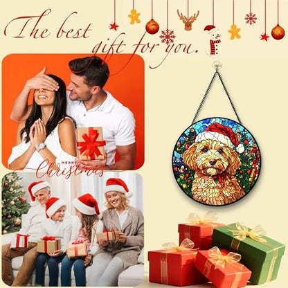 Stained Glass Window Hanging - 6.3 Inches Christmas Tree and A Dog Wearing a Xmas Hat Suncatcher for Garden Home Decor for Women Mon Grandma Friends