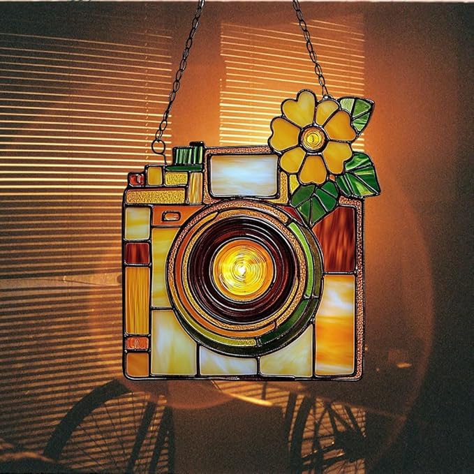 Vintage Retro Camera Acrylic Suncatcher Stained Glass Effect Window Car Hanging Christmas Ornament Indoor Outdoor Decor Garden Sun Catcher Panel for Acrylic Suncatcher Lover for Women Mom Grandma