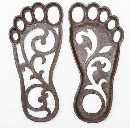 Sungmor Heavy Duty Cast Iron Stepping Mats for Front Door, 2PC 11.8 Inch Long Sturdy Metal Left & Right Footprint Stepping Stone, Retro Elegant Decorative Mat for Garden Lawn Panel Walkway Landscaping
