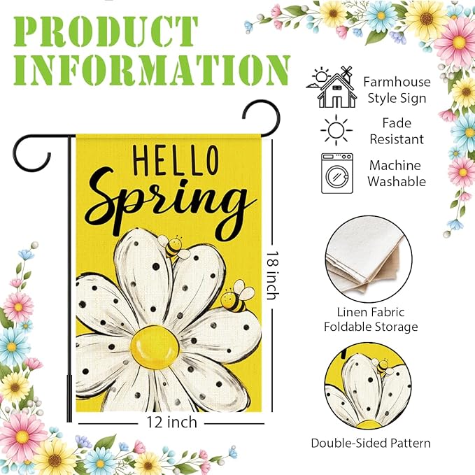 Hello Spring Garden Flags for Outside,Bee Daisy Spring Garden Flag Yard Lawn Porch Flags for Outdoor Decorations 12x18 Inch Double Sided