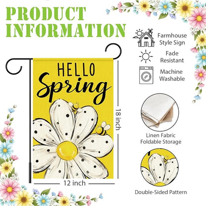 Hello Spring Garden Flags for Outside,Bee Daisy Spring Garden Flag Yard Lawn Porch Flags for Outdoor Decorations 12x18 Inch Double Sided