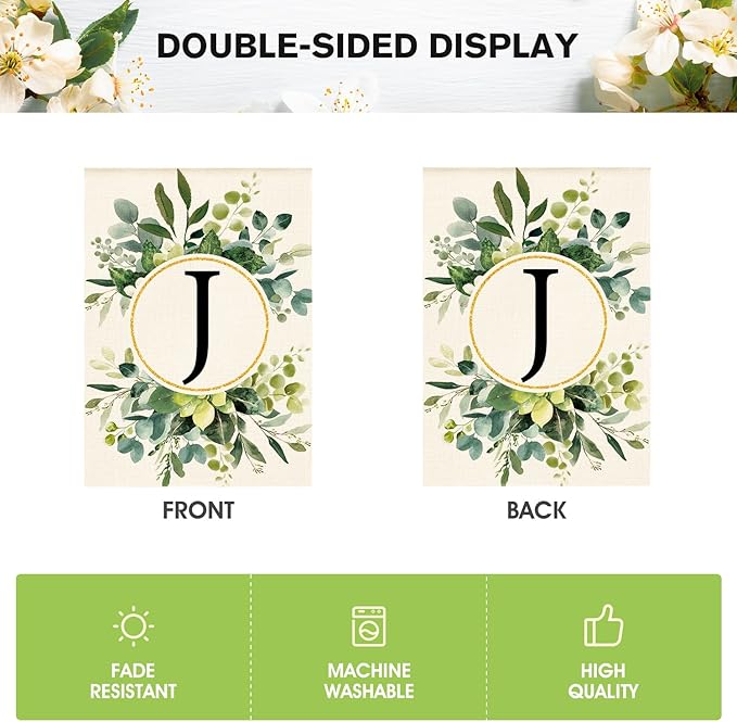 AVOIN colorlife Monogram Letter J Floral House Flag 28x40 Inch Double Sided Outside, Family Last Name Initial Yard Outdoor Decoration