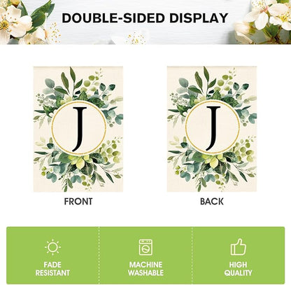 AVOIN colorlife Monogram Letter J Floral House Flag 28x40 Inch Double Sided Outside, Family Last Name Initial Yard Outdoor Decoration