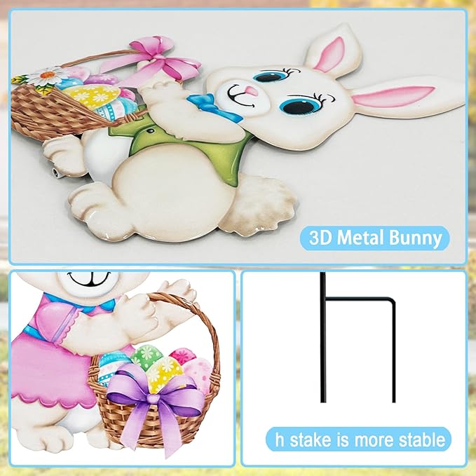 Easter Decorations Outdoor,2 Pack Metal Easter Egg Bunny Yard Signs for Outside,Cute Bunny Garden Stakes for Lawn,Yard,Rabbit Gifts for Women