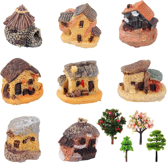 Kbraveo 12pcs Fairy Gardens Stone House and Fairy Gardens Tree, DIY Outdoor Decorations