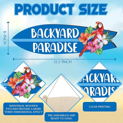 Wooden Backyard Paradise Sign Surfboard Wall Hanging Sign Wooden Hanging Decorative Art for Yard Garage Bar Tiki Wall Home Party Summer Decor Gift, 5 x 16 Inches