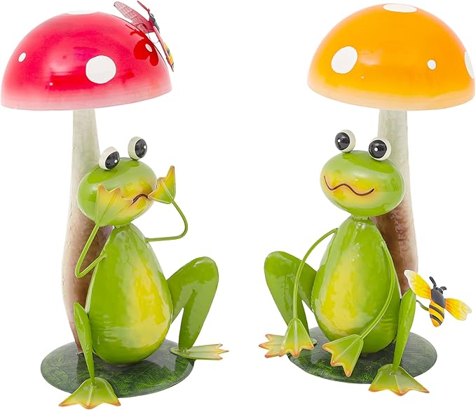 15.3" Large Frog Decor Set of 2, Handcrafted 3D Lifelike Metal Frog with Mushroom Sculpture, Outdoor Yard Art for Garden, Lawn & Home, Ideal Gift for Mom, Women on Mother’s Day & Housewarming