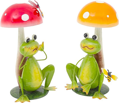 15.3" Large Frog Decor Set of 2, Handcrafted 3D Lifelike Metal Frog with Mushroom Sculpture, Outdoor Yard Art for Garden, Lawn & Home, Ideal Gift for Mom, Women on Mother’s Day & Housewarming