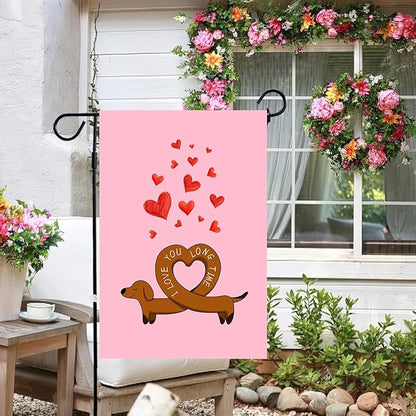 Dachshund Valentine Garden Flag Weiner Dog Valentines Day Yard Decorative for Outside 12x18 Double Sided I Love You Long Time Holiday Anniversary Banner